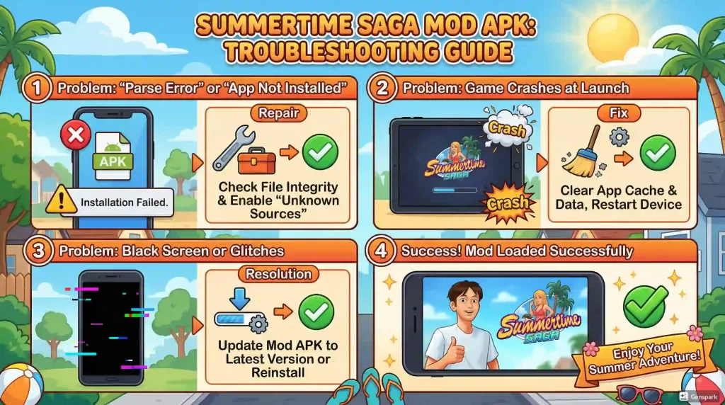 Summertime Saga APK error troubleshooting guide showing smartphone with installation errors, fix tools, and solutions in colorful summer-themed cartoon style with palm trees background