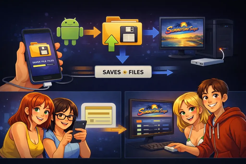 Summertime Saga save file transfer between Android phone and PC with backup icons and arrows.