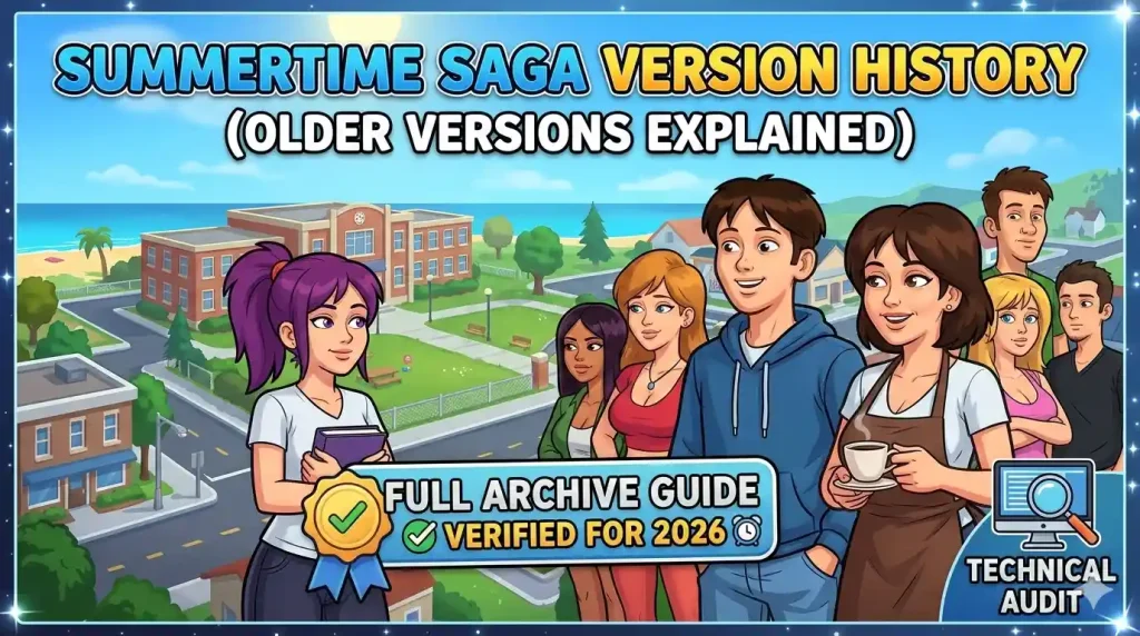 A promotional banner in the Summertime Saga game art style featuring multiple characters, a map of the town, and bold text that reads "SUMMERTIME SAGA VERSION HISTORY (OLDER VERSIONS EXPLAINED)." A badge at the bottom states "FULL ARCHIVE GUIDE VERIFIED FOR 2026," alongside a small "TECHNICAL AUDIT" icon.