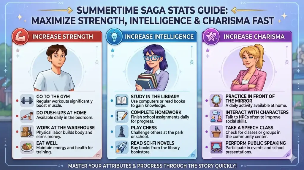 Summertime Saga stats infographic explaining strength intelligence and charisma system