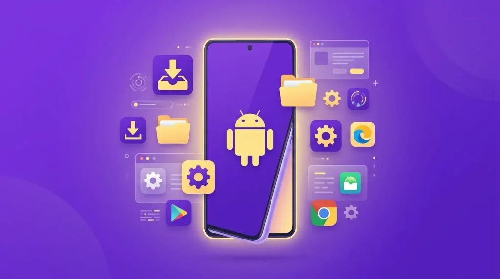 Android smartphone showing app installation process with Android system icons