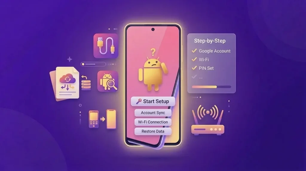 Android APK installation tutorial illustration with smartphone and app setup icons