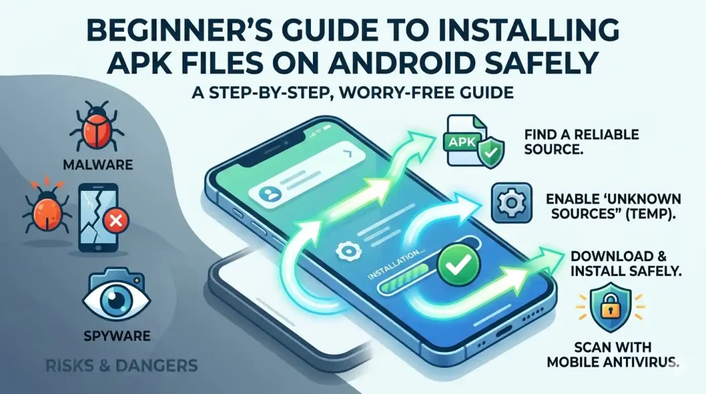 Android APK files installation guide illustration with smartphone and security interface