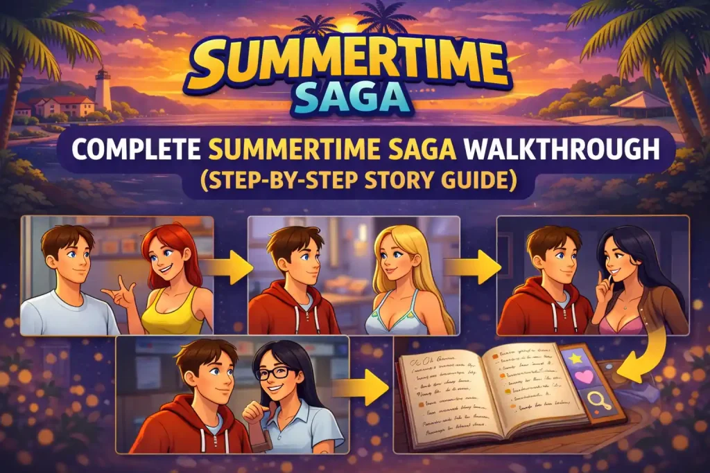 Complete Summertime Saga walkthrough cover showing step-by-step story progression with character scenes connected by arrows and a guidebook.
