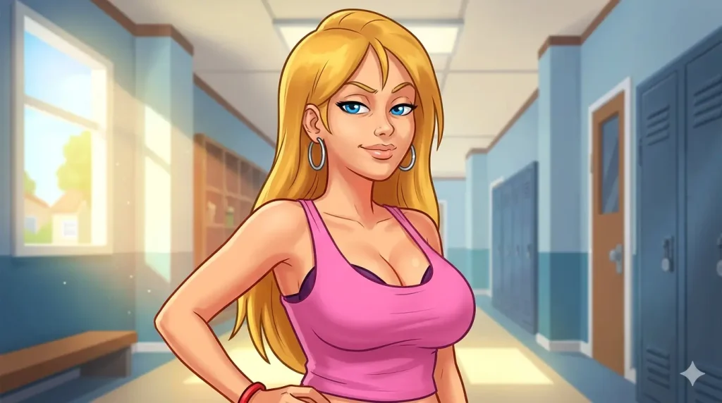 Roxxy character in Summertime Saga cheerleader outfit at school scene