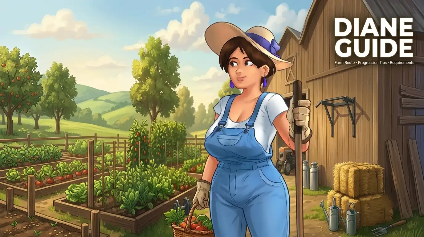 Diane at the farm in Summertime Saga showing farm progression, route requirements, and character development guide